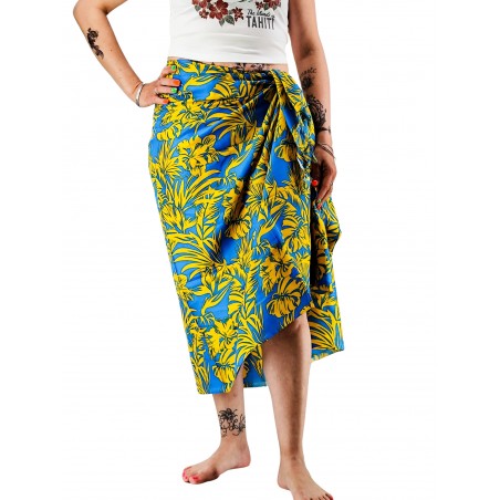 Paréo jaune et bleu hibiscus et feuillage