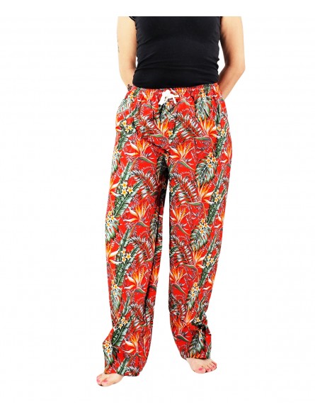 Pantalon de plage rouge aux motifs  fleurs oiseaux du paradis