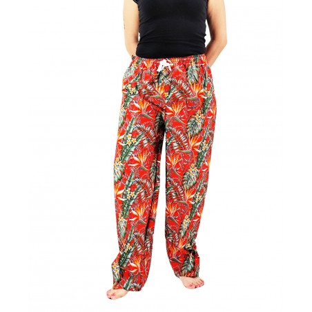 Pantalon de plage rouge fleurs oiseaux du paradis