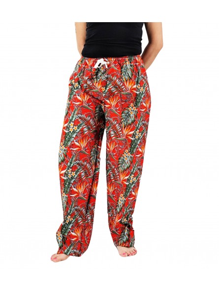 Pantalon de plage rouge aux motifs  fleurs oiseaux du paradis