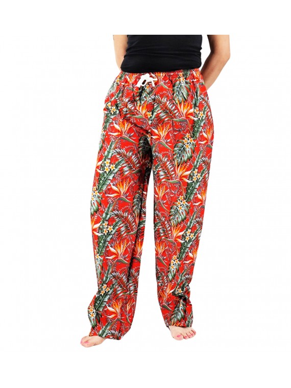 Pantalon de plage rouge aux motifs  fleurs oiseaux du paradis