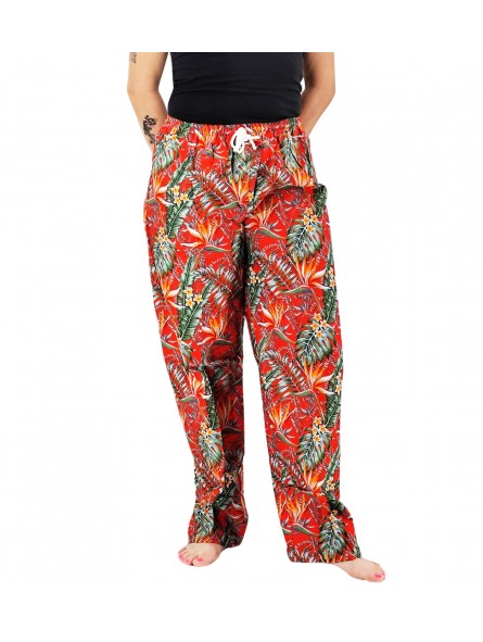 Pantalon de plage rouge aux motifs  fleurs oiseaux du paradis