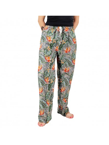 Pantalon de plage gris aux motifs  fleurs oiseaux du paradis