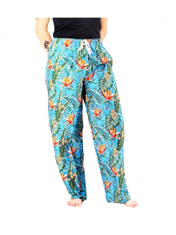 Pantalon de plage turquoise aux motifs  fleurs oiseaux du paradis