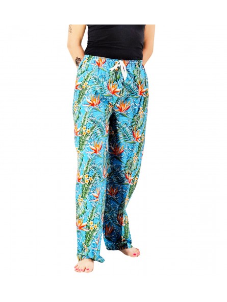 Pantalon de plage turquoise aux motifs  fleurs oiseaux du paradis