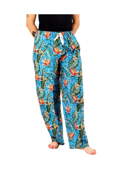 Pantalon de plage turquoise aux motifs  fleurs oiseaux du paradis