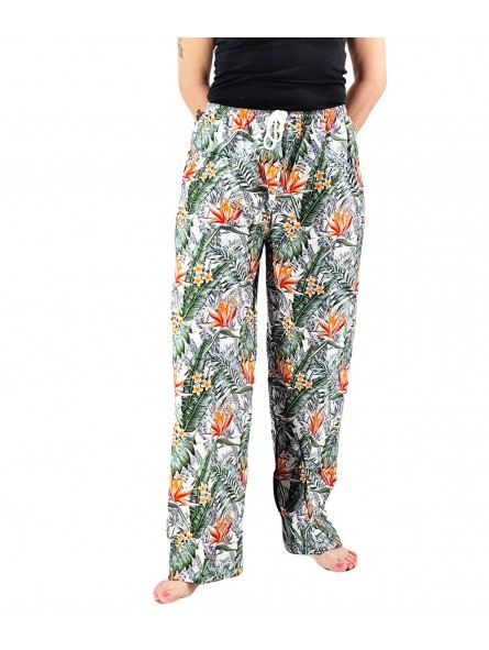Pantalon de plage blanc aux motifs  fleurs oiseaux du paradis
