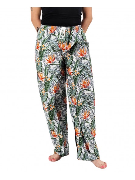 Pantalon de plage blanc aux motifs  fleurs oiseaux du paradis