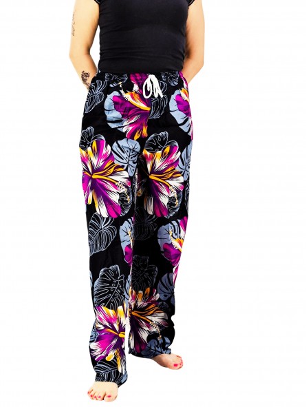Pantalon de plage Noir aux motifs imprimés fleurs hibiscus violet