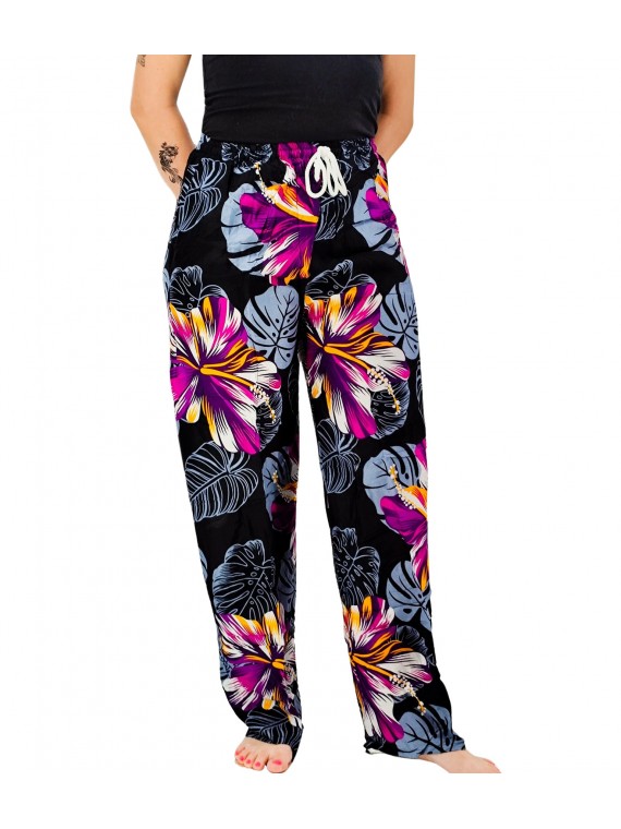 Pantalon de plage Noir aux motifs imprimés fleurs hibiscus violet