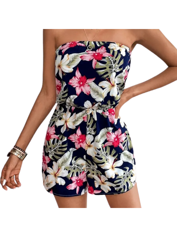 Combi-short Noir orchidée rouge tropical