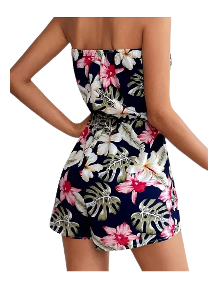 Combi-short Noir orchidée rouge tropical