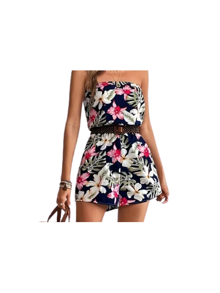 Combi-short Noir orchidée rouge tropical