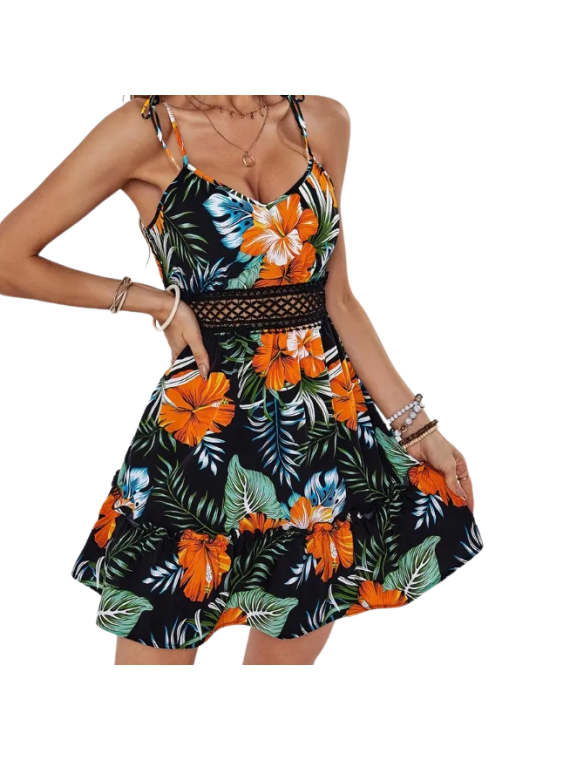 Robe légère fleurs et feuillage rouge