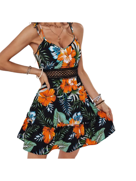 Robe légère fleurs et feuillage rouge