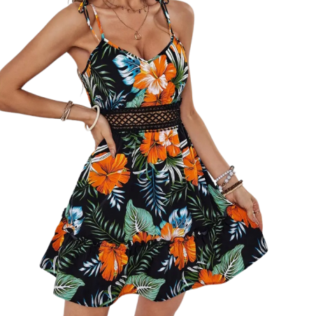Robe légère fleurs et feuillage rouge