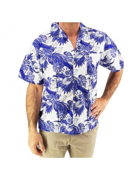 Chemise hawaienne blanche et bleu motif chemin tropical