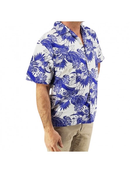 Chemise hawaienne blanche et bleu motif chemin tropical