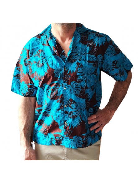 Chemise hawaienne couleurs chocolat turquoise  motif chemin tropical