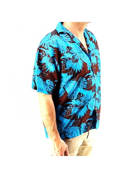 Chemise hawaienne couleurs chocolat turquoise  motif chemin tropical