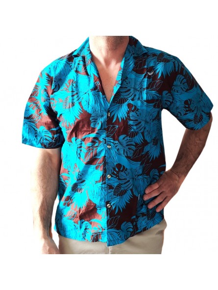 Chemise hawaienne couleurs chocolat turquoise  motif chemin tropical