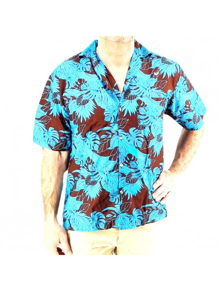Chemise hawaienne couleurs chocolat turquoise  motif chemin tropical