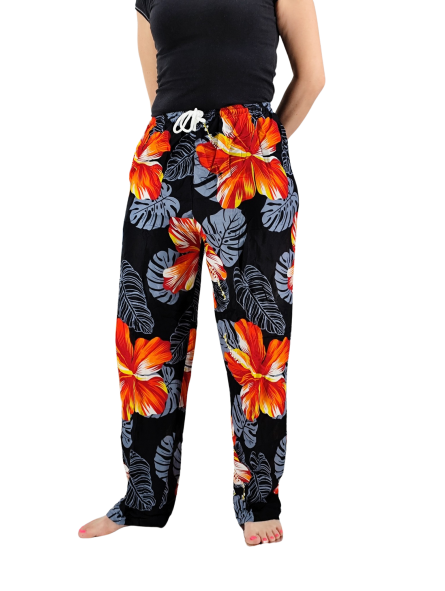 Pantalon de plage Noir aux motifs imprimés fleurs hibiscus rouge
