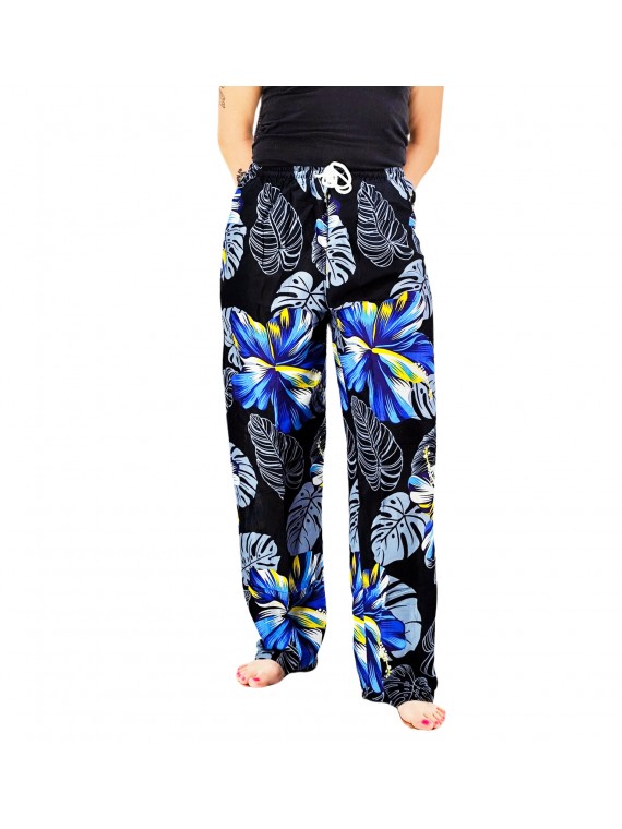 Pantalon de plage Noir aux motifs imprimés fleurs hibiscus bleu