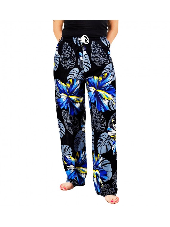 Pantalon de plage Noir aux motifs imprimés fleurs hibiscus bleu
