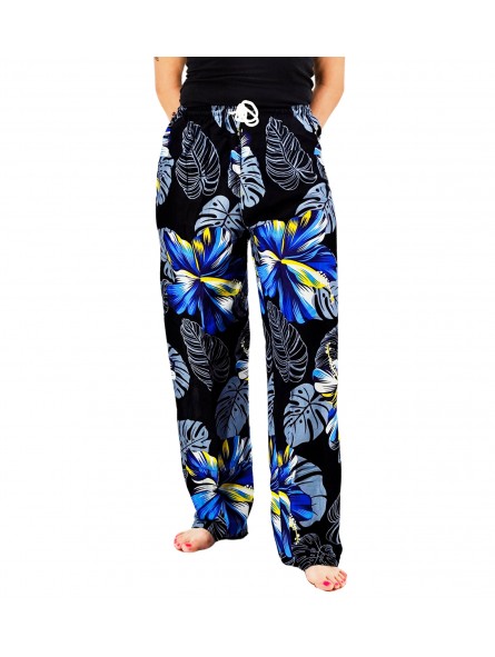 Pantalon de plage Noir aux motifs imprimés fleurs hibiscus bleu