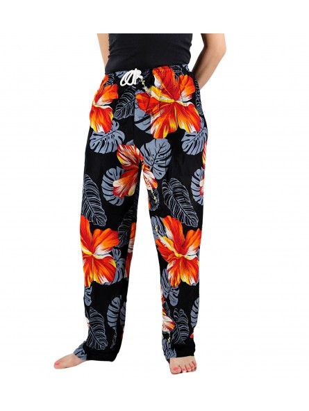 Pantalon de plage Noir aux motifs imprimés fleurs hibiscus rouge