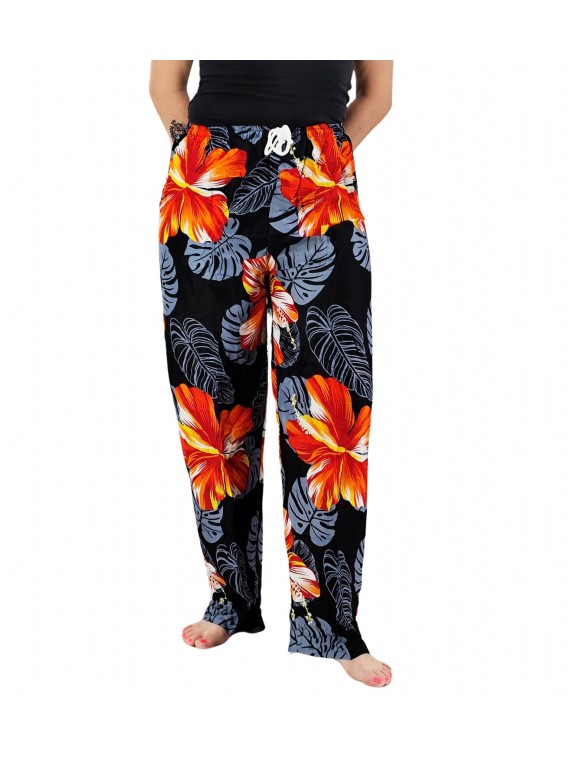 Pantalon de plage Noir aux motifs imprimés fleurs hibiscus rouge