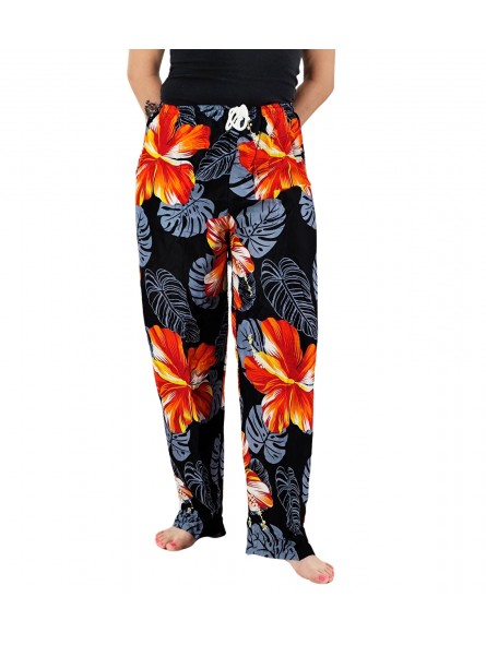 Pantalon de plage Noir aux motifs imprimés fleurs hibiscus rouge