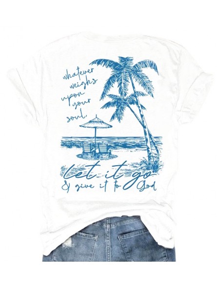 T-shirt femme blanc imprimé motif plage