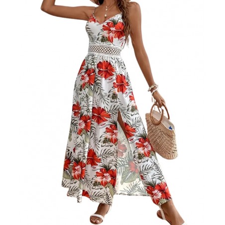 Robe longue couleur rouge  motif hibiscus maille à la ceinture
