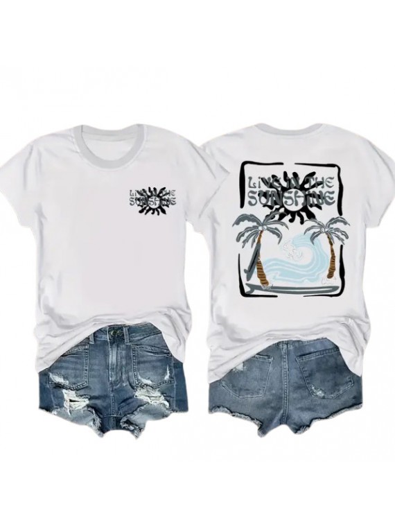 T-shirt femme blanc imprimé motif plage d'été