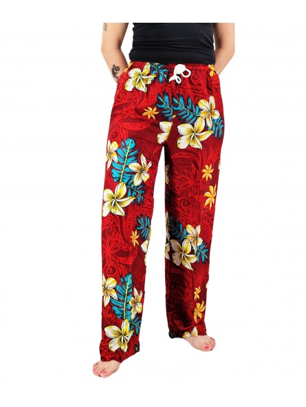 Pantalon de plage rouge motif tatouage et frangipane
