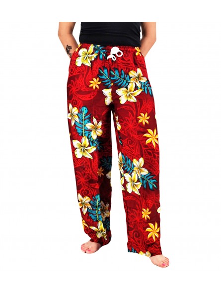Pantalon de plage rouge motif tatouage et frangipane