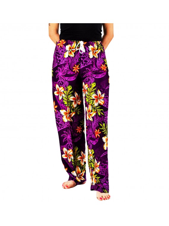 Pantalon de plage violet motif tatouage et frangipane
