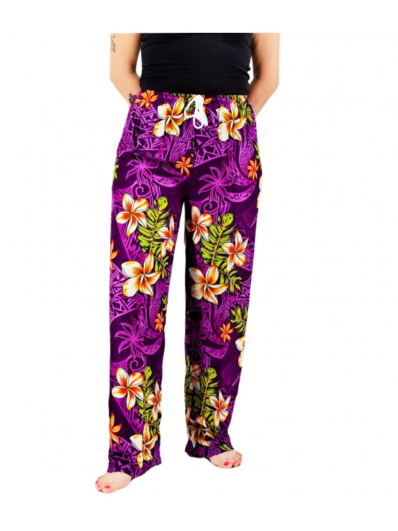 Pantalon de plage violet motif tatouage et frangipane