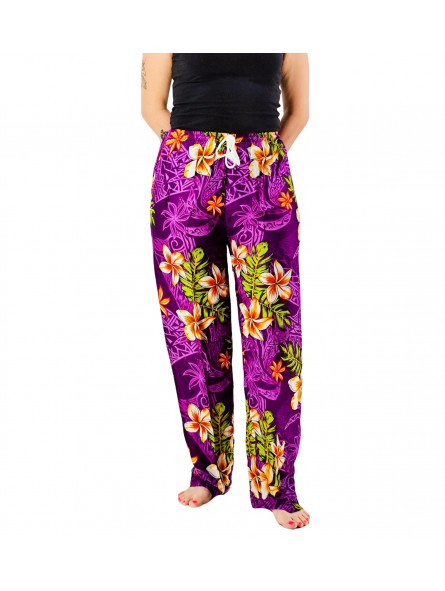 Pantalon de plage violet motif tatouage et frangipane