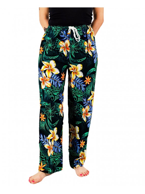 Pantalon de plage vert motif tatouage et frangipane