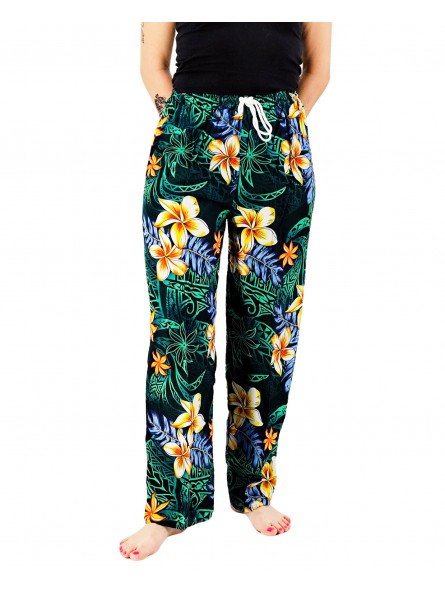 Pantalon de plage vert motif tatouage et frangipane