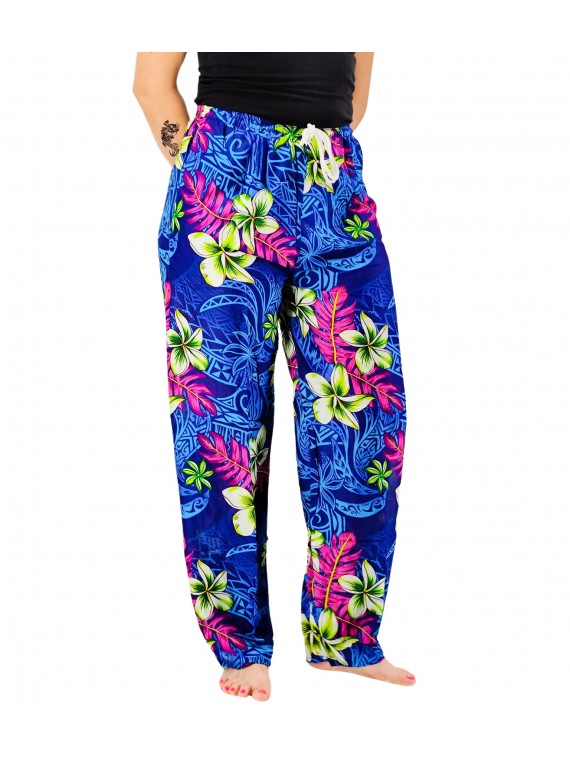 Pantalon de plage bleu motif tatouage et frangipane