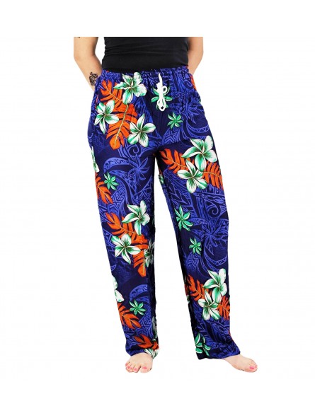 Pantalon de plage bleu motif tatouage et frangipane