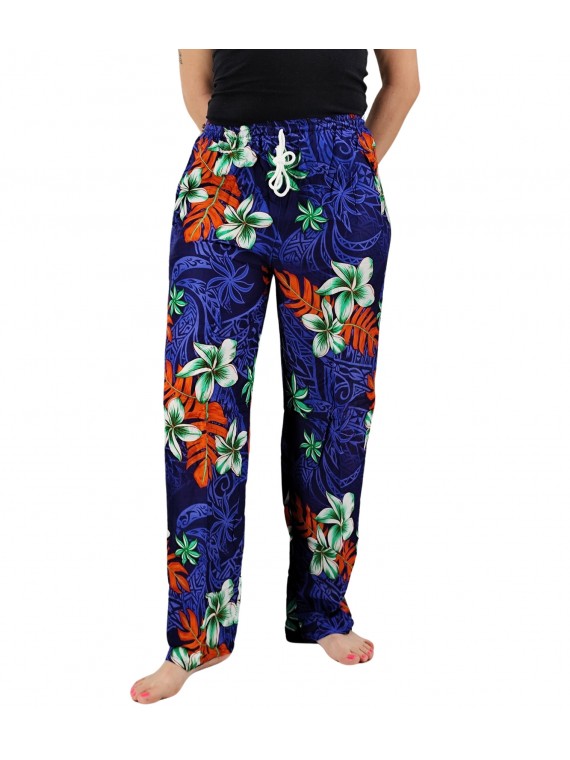 Pantalon de plage bleu motif tatouage et frangipane