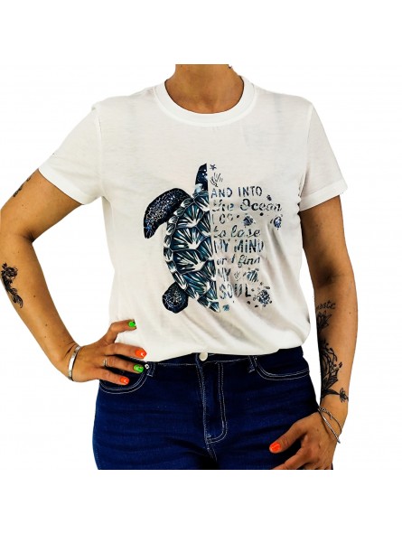 T-shirt femme blanc imprimé motif tortue et oceane