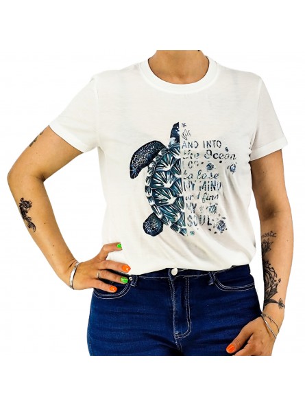 T-shirt femme blanc imprimé motif tortue et oceane