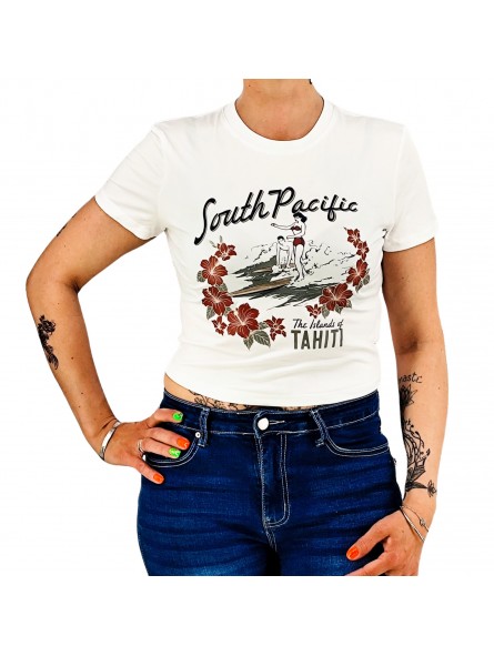 T-shirt femme blanc type croc top imprimé motif tahiti