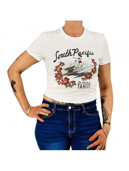 T-shirt femme blanc type croc top imprimé motif tahiti